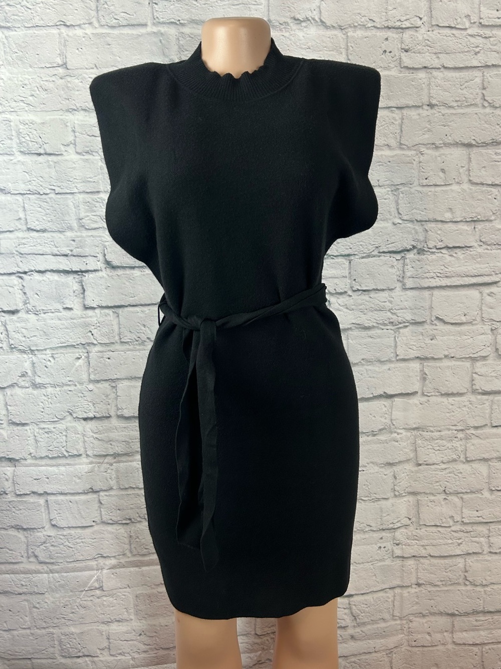 Le Lis Collection Black Sweater Dress Large Belted Sleeveless Mock Neck NWT
